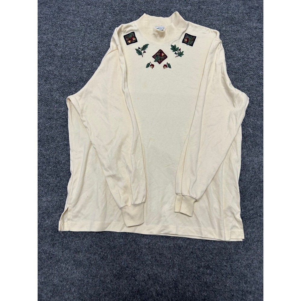 BonWorth Top Womens Size L Cream Mock Neck Embroidered Leaves Acorn Cottagecore